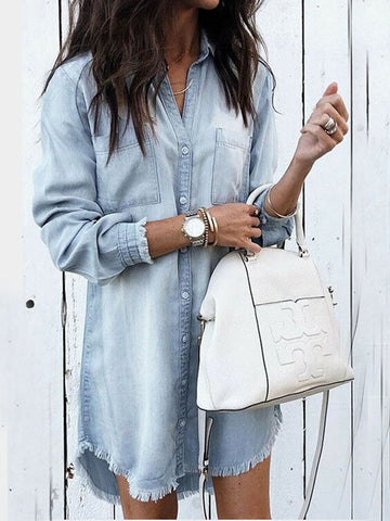Woochic midi longue blouse robe en jean boutonnage avec poches col revers femme mode boyfriend Bleu clair S